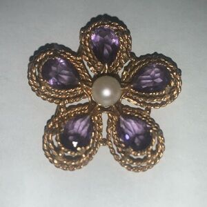 14k Gold Amethyst & Pearl Violet Flower Brooch